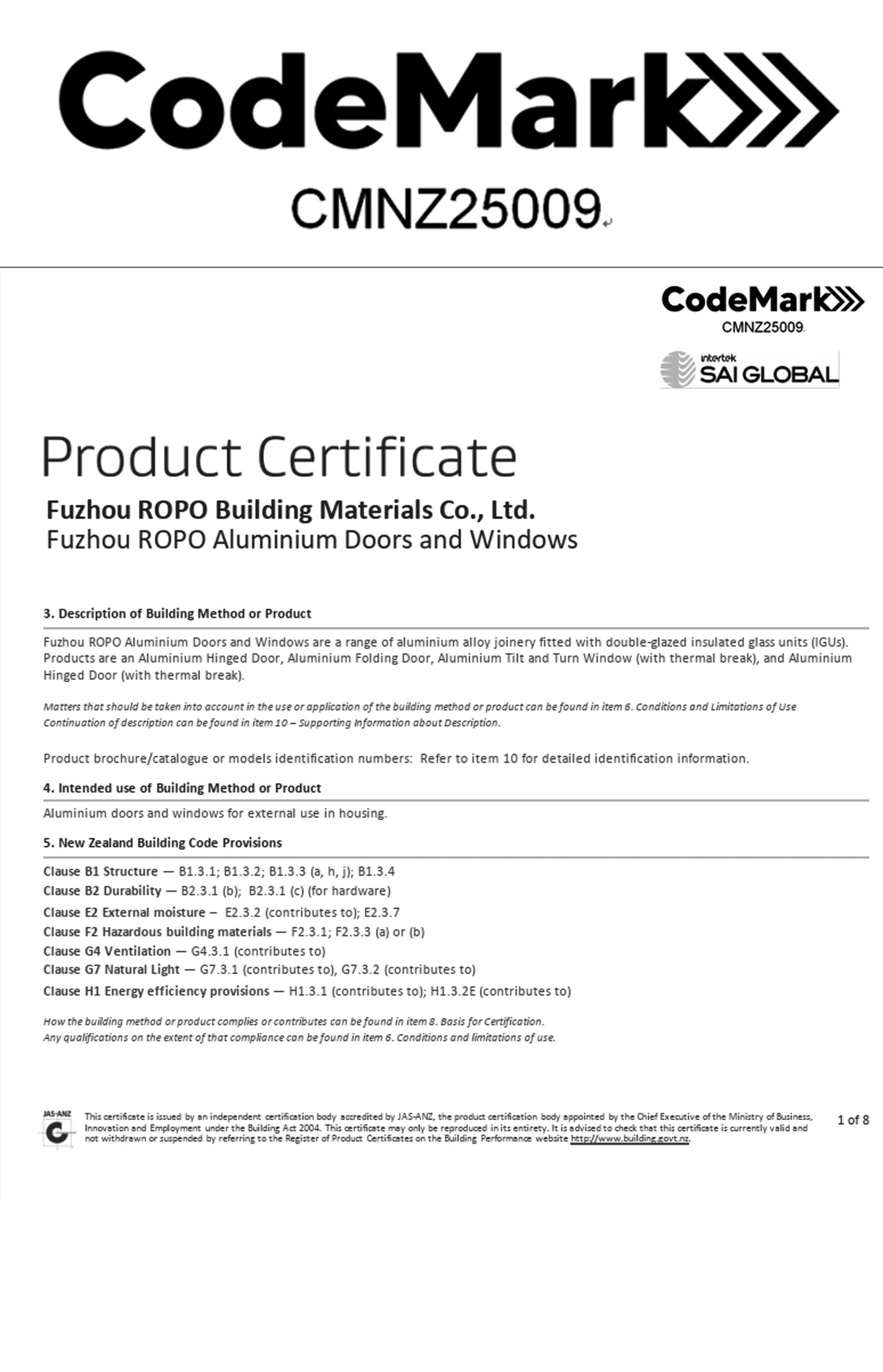 New Zealand Building Code certificate for windows NZS4211