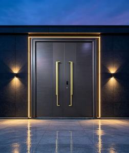 Modern Minimalist European Design PVC Cast Aluminium Double Front Entrance Security Door Dark Grey Linear Textured Villa Gold