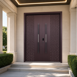 Custom Cast Aluminum Double Entry Door with Fret Relief Panel and Smart Lock for Penthouse Suite