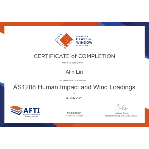 AS1288 Safety Glass Selection and Installation Certificate